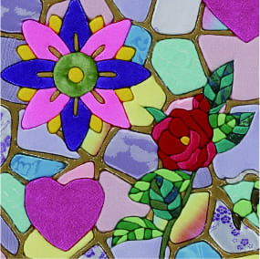 幾何学模様の中に花とハートが描かれたアート作品