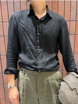 ウォッシュ加工 リネン ワイドカラー シャツ
