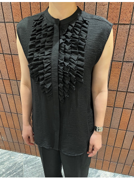 麻混 フロント フリル フレンチスリーブ ブラウス